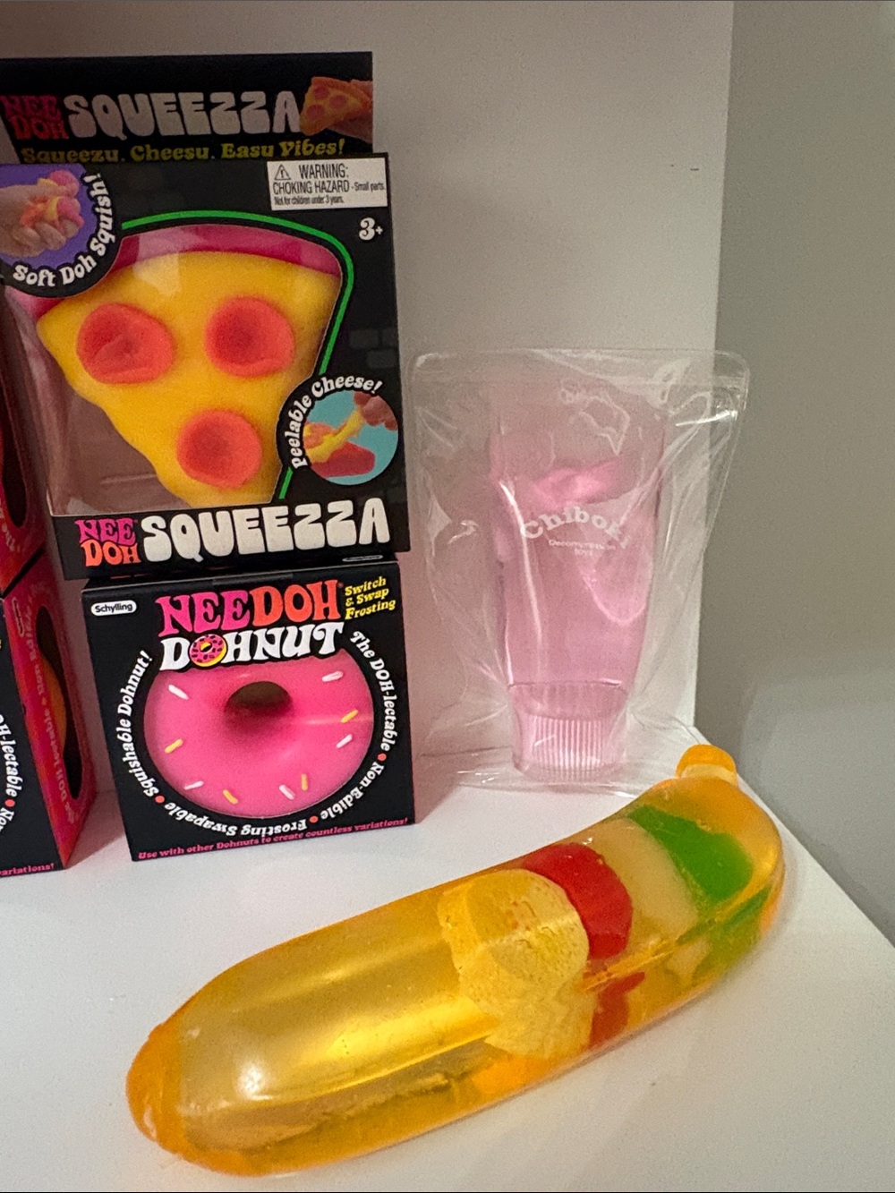 Needoh Donnut Pink with sprinkles, Needoh Squeeza Pizza,Banana with fruit cocoil